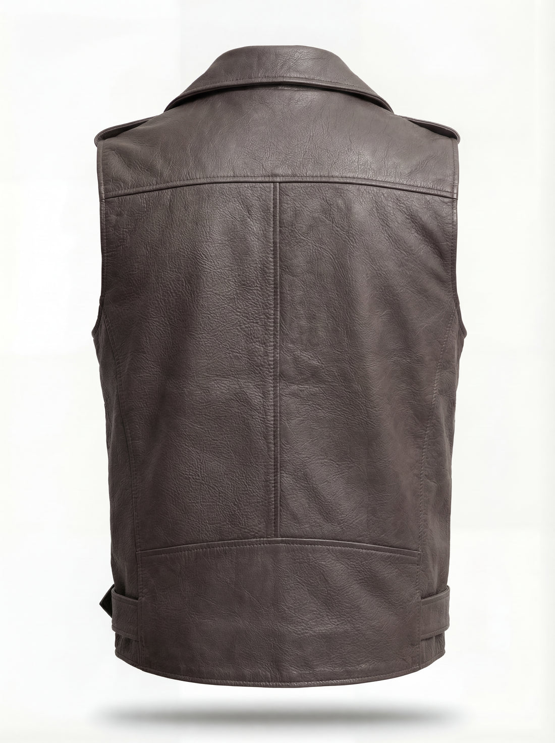Men's grey leather biker vest with asymmetrical zipper closure and notched lapels, Front View. The Vulcan by Maverick Jacket.