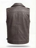 Rear view of grey leather biker vest showing clean back paneling and adjustable waist tabs. The Vulcan by Maverick Jacket.