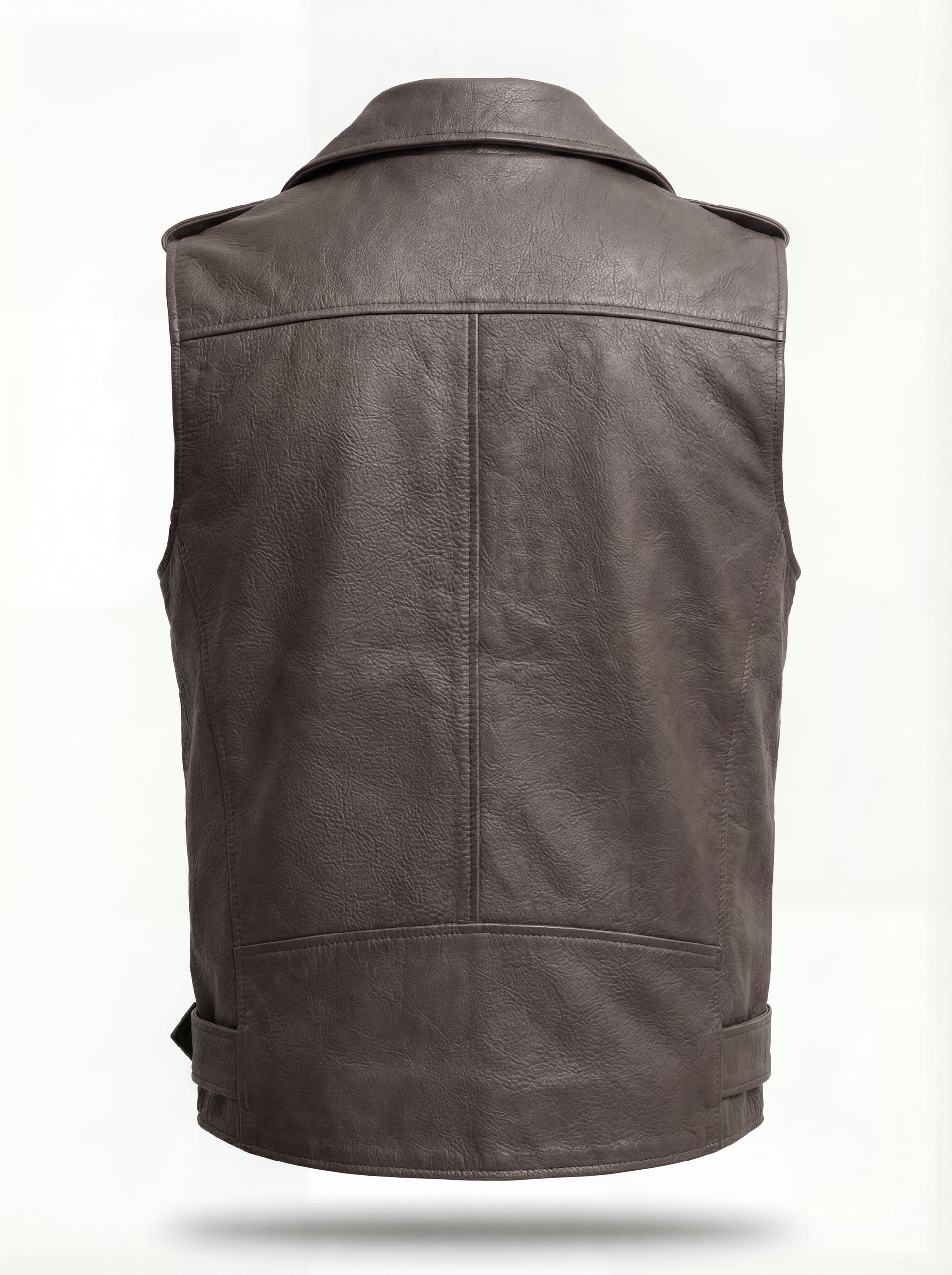 Rear view of grey leather biker vest showing clean back paneling and adjustable waist tabs. The Vulcan by Maverick Jacket.