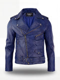 Men's blue leather biker jacket with notched lapels and belted waist, Front View. The Vector by Maverick Jacket.