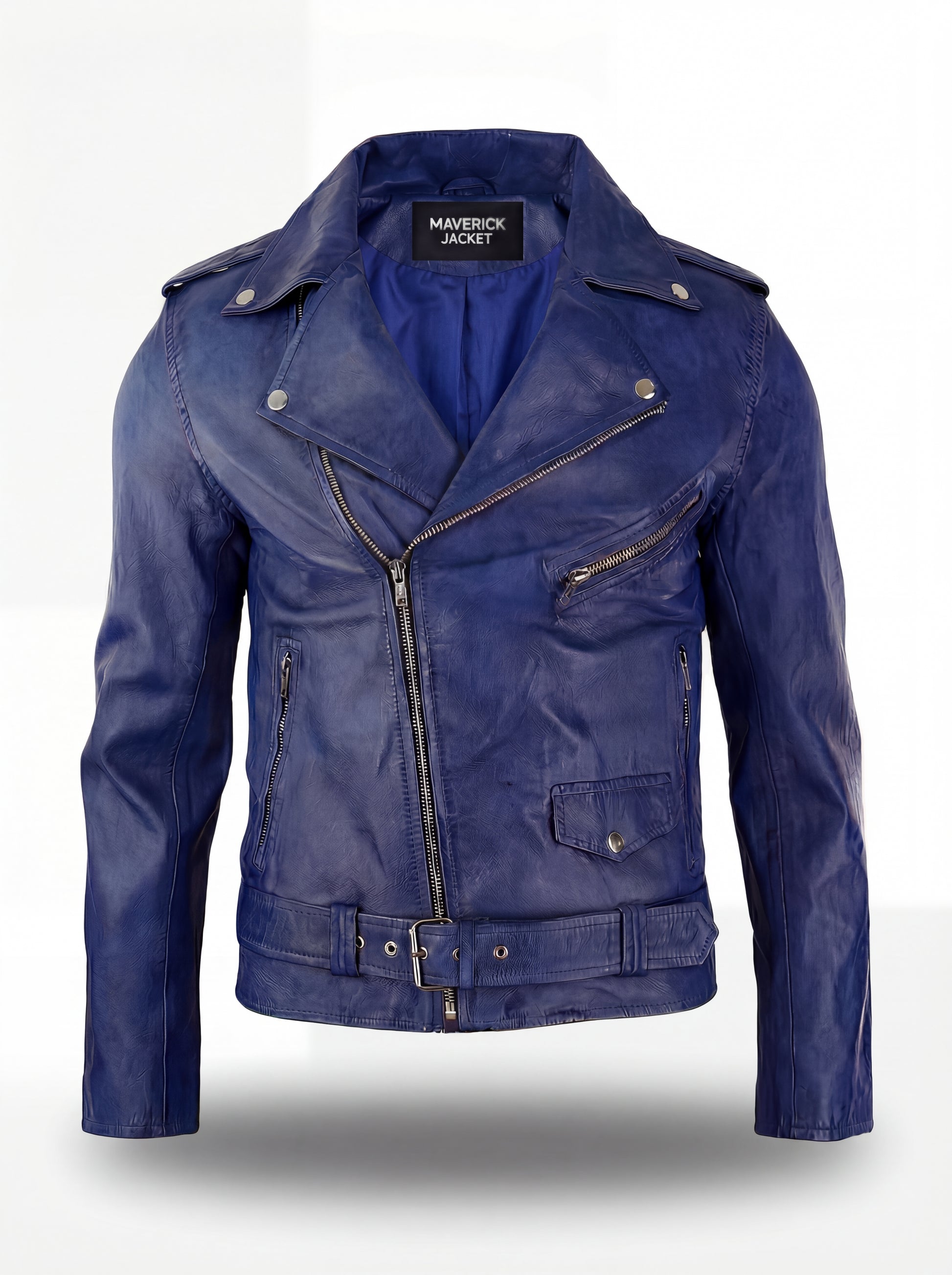 Men's blue leather biker jacket with notched lapels and belted waist, Front View. The Vector by Maverick Jacket.
