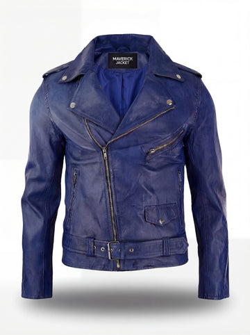 Men's blue leather biker jacket with notched lapels and belted waist, Front View. The Vector by Maverick Jacket.