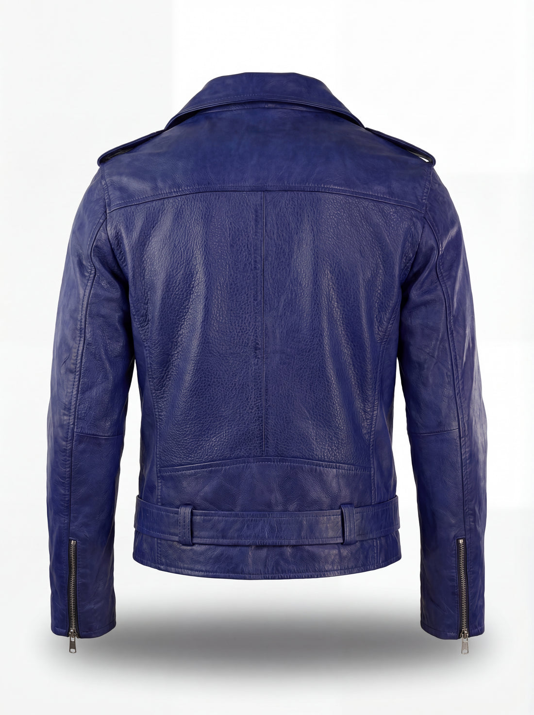 Men's blue leather biker jacket with notched lapels and belted waist, Front View. The Vector by Maverick Jacket.