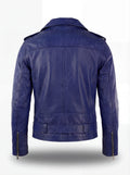 Rear view of blue leather biker jacket showing center back seam and adjustable waist belt. The Vector by Maverick Jacket.