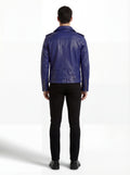 Rear view of male model wearing Maverick Vector blue leather jacket showing structured shoulder fit and belted hem styling. Maverick Jacket.
