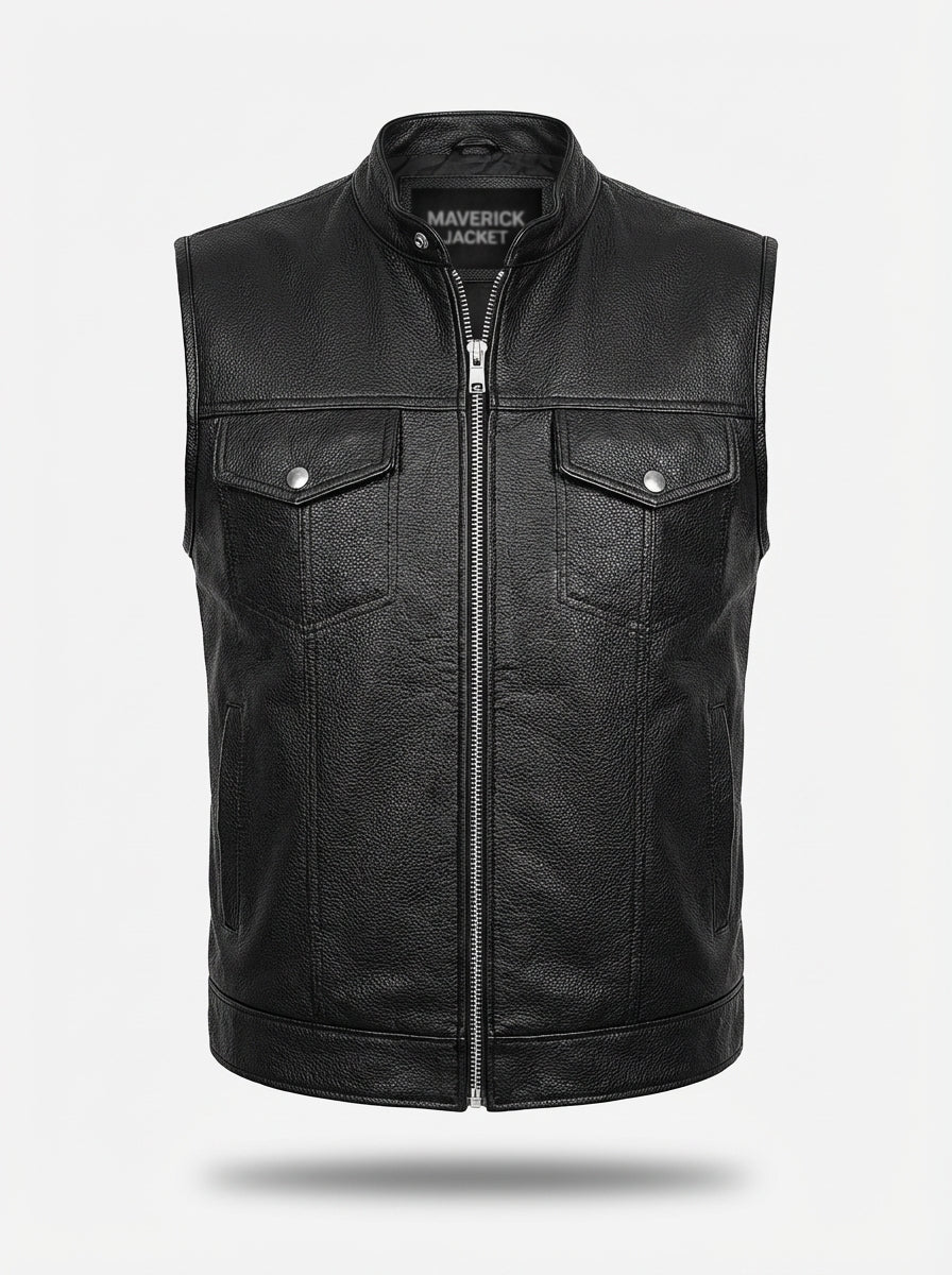 Men's black leather biker vest with asymmetrical zipper closure and notched lapels, Front View. The Riot by Maverick Jacket.