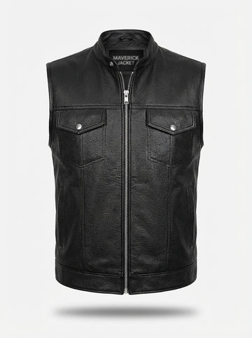 Men's black leather biker vest with asymmetrical zipper closure and notched lapels, Front View. The Riot by Maverick Jacket.