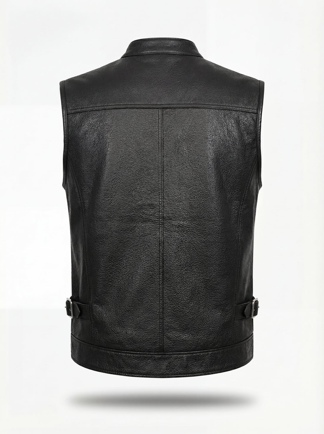Men's black leather biker vest with asymmetrical zipper closure and notched lapels, Front View. The Riot by Maverick Jacket.