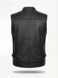 Rear view of black leather biker vest showing clean back paneling and adjustable side waist tabs. The Riot by Maverick Jacket.