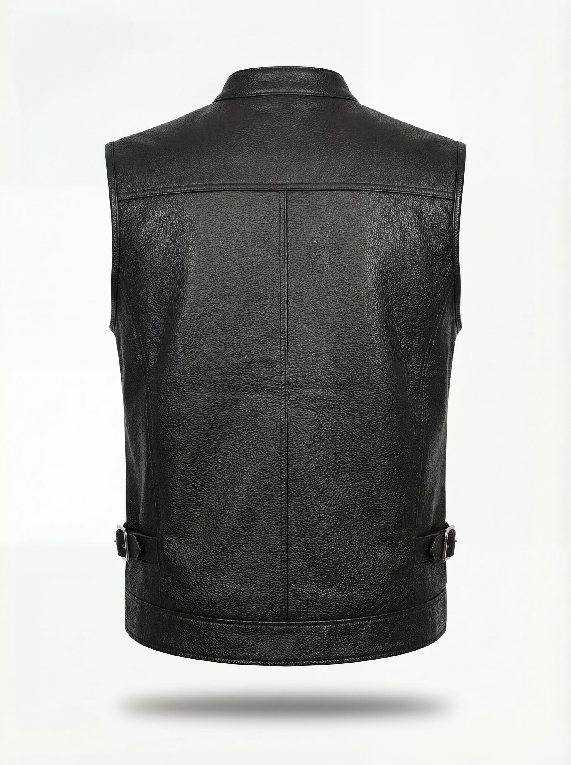 Rear view of black leather biker vest showing clean back paneling and adjustable side waist tabs. The Riot by Maverick Jacket.