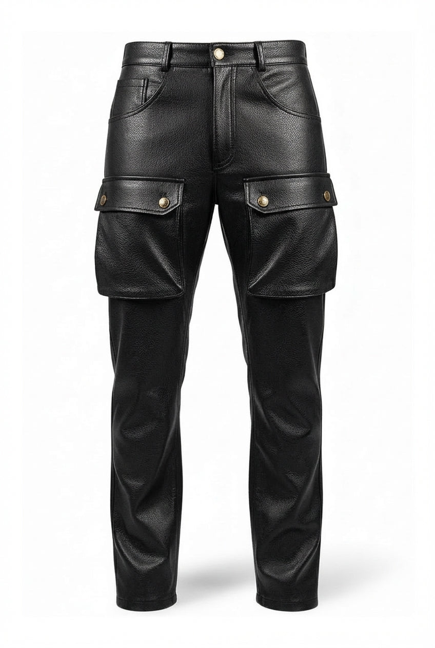 Men's black leather cargo pants with large thigh flap pockets and gold snap buttons, Front View. The Tristan by Maverick Jacket.