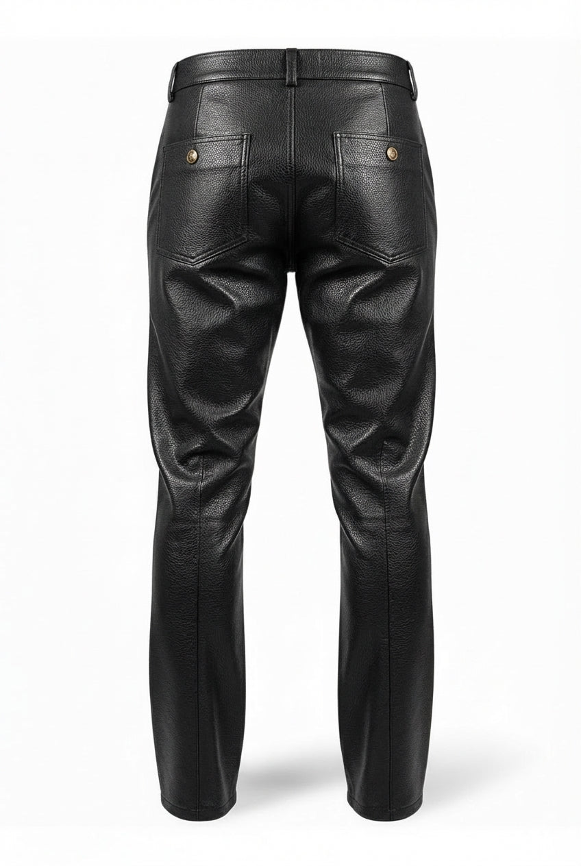 Men's black leather cargo pants with large thigh flap pockets and gold snap buttons, Front View. The Tristan by Maverick Jacket.