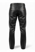 Rear view of black leather cargo pants showing rear patch pockets with snap buttons. The Tristan by Maverick Jacket.