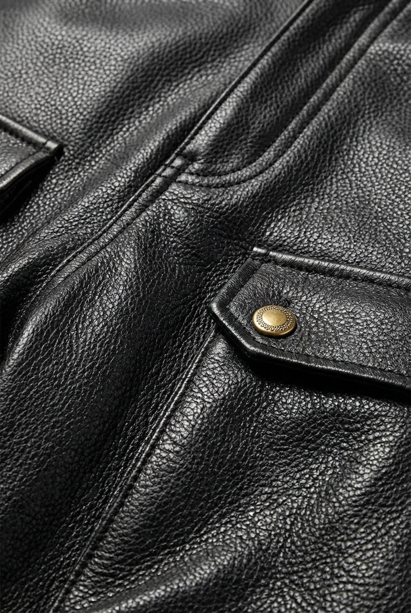 Macro shot of black pebbled leather texture and gold snap button hardware on cargo pants. The Tristan by Maverick Jacket.