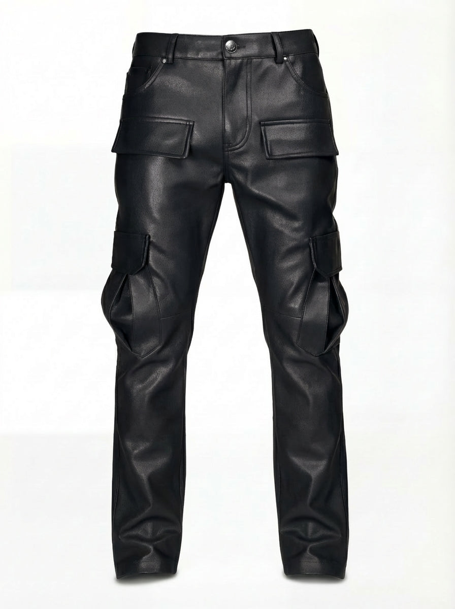 Men's black leather cargo pants with dimensional front flap pockets and knee paneling, Front View. The Cassian by Maverick Jacket.