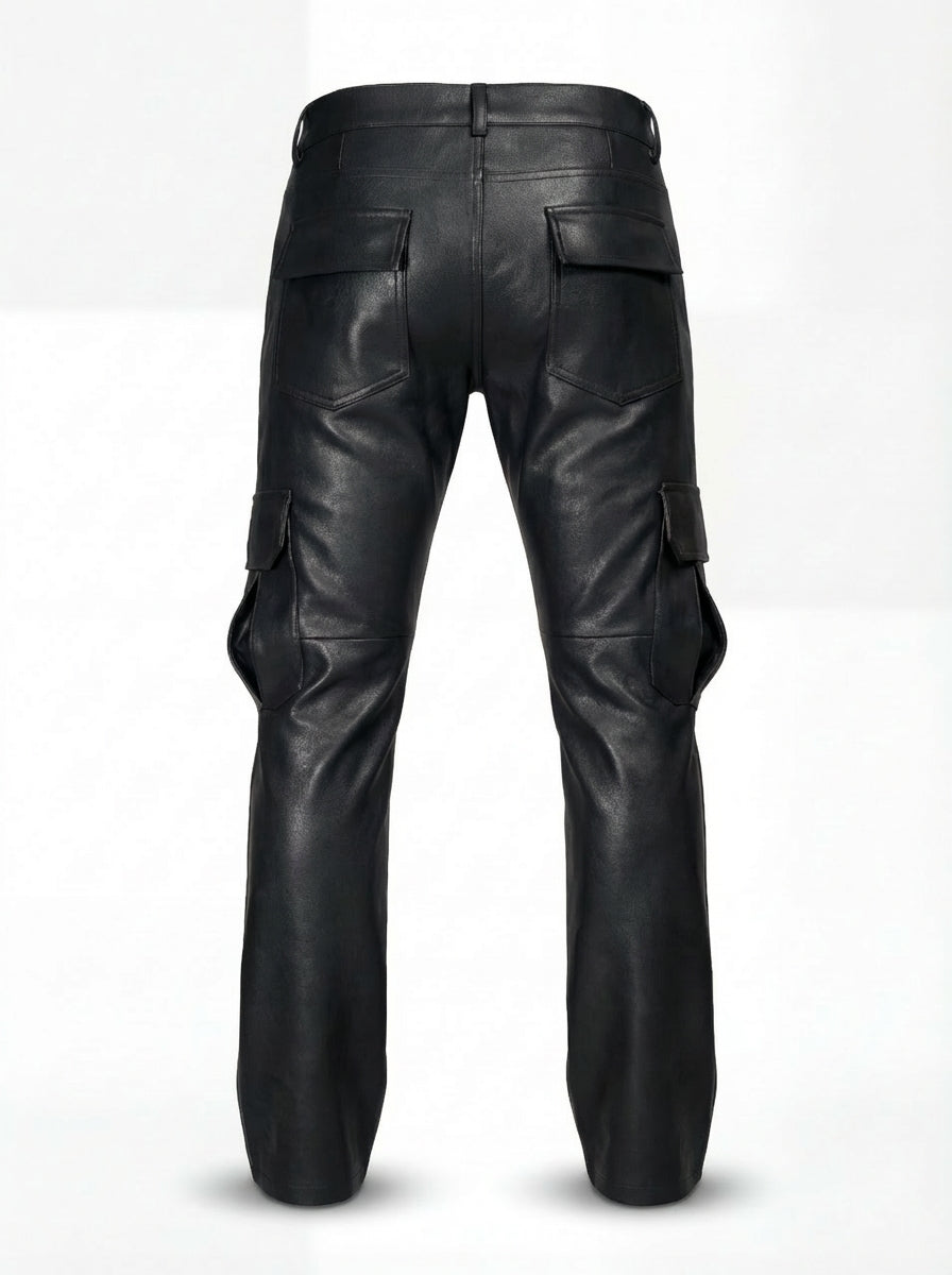 Men's black leather cargo pants with dimensional front flap pockets and knee paneling, Front View. The Cassian by Maverick Jacket.