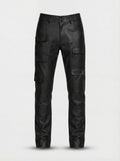 Men's black leather cargo trousers with stacked utility pockets and silver zipper details, Front View. The Spectre by Maverick Jacket.