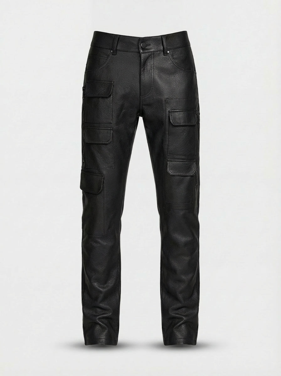 Men's black leather cargo trousers with stacked utility pockets and silver zipper details, Front View. The Spectre by Maverick Jacket.