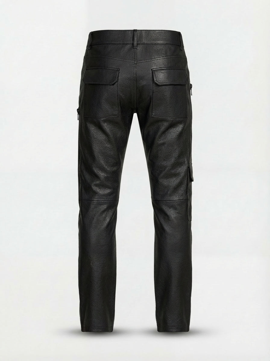 Men's black leather cargo trousers with stacked utility pockets and silver zipper details, Front View. The Spectre by Maverick Jacket.