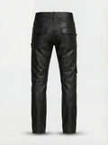 Rear view of black leather cargo trousers showing rear flap pockets and horizontal knee paneling. The Spectre by Maverick Jacket.