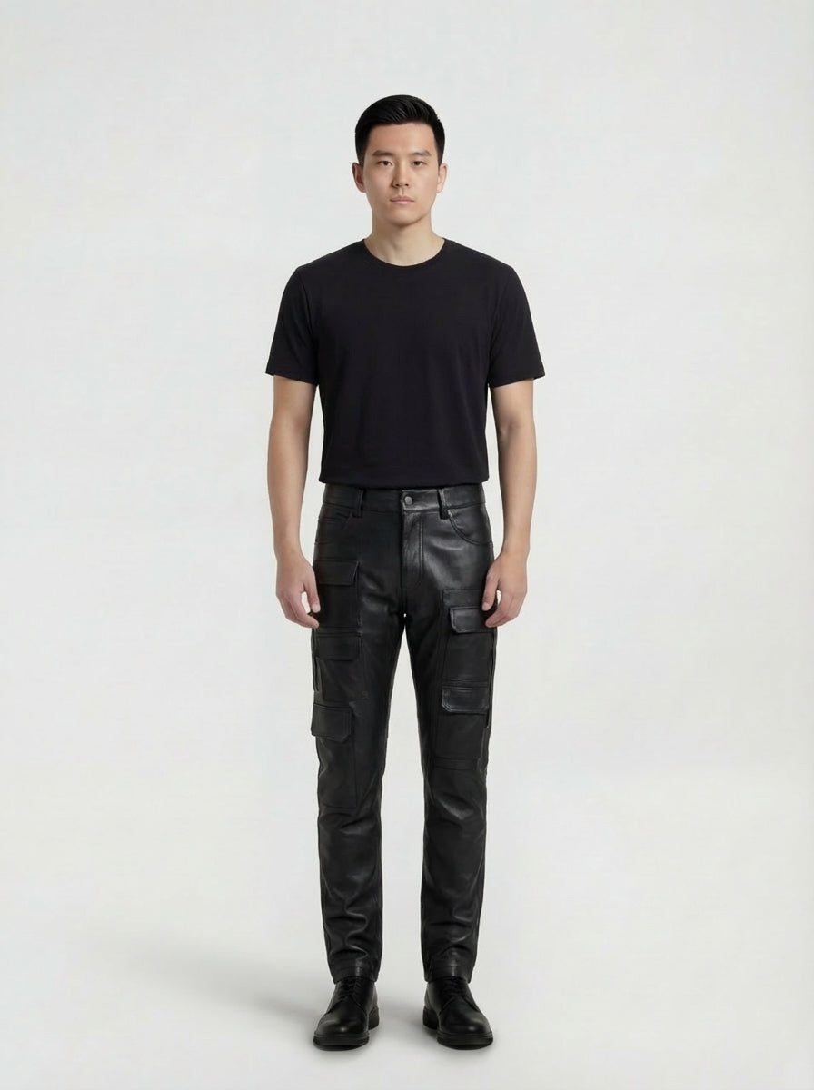 Male model wearing Maverick Spectre leather cargo trousers, slim fit, styled with black crewneck t-shirt. Maverick Jacket.