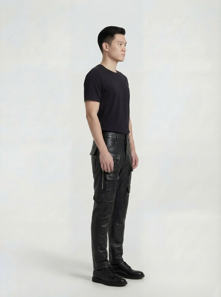 Side profile of Maverick Spectre leather cargo trousers showing stacked cargo pocket details and slim silhouette. Maverick Jacket.