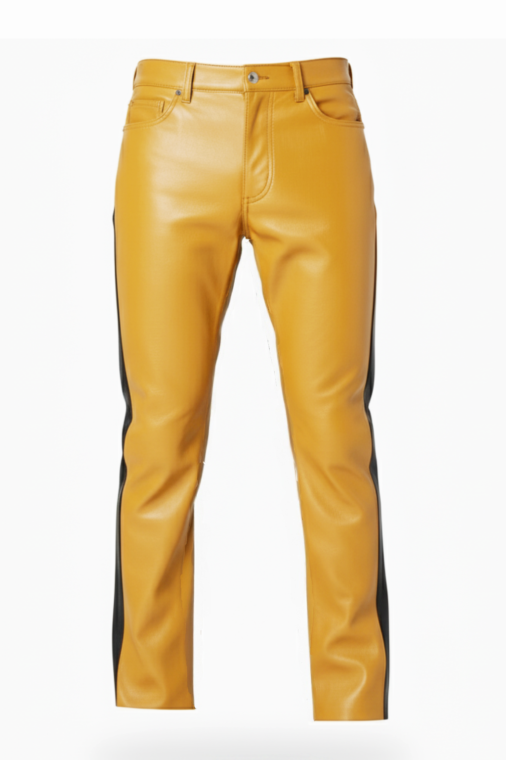 Men's yellow and black leather racing pants with vertical black side stripes and five-pocket styling, Front View. The Ace by Maverick Jacket.