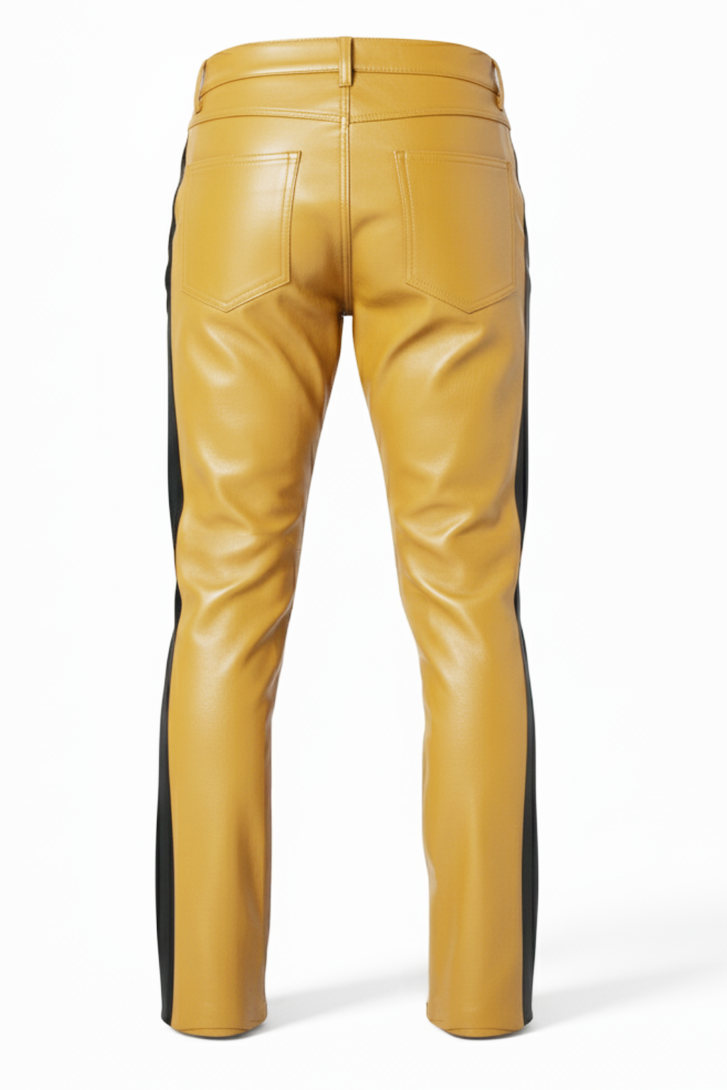 Men's yellow and black leather racing pants with vertical black side stripes and five-pocket styling, Front View. The Ace by Maverick Jacket.