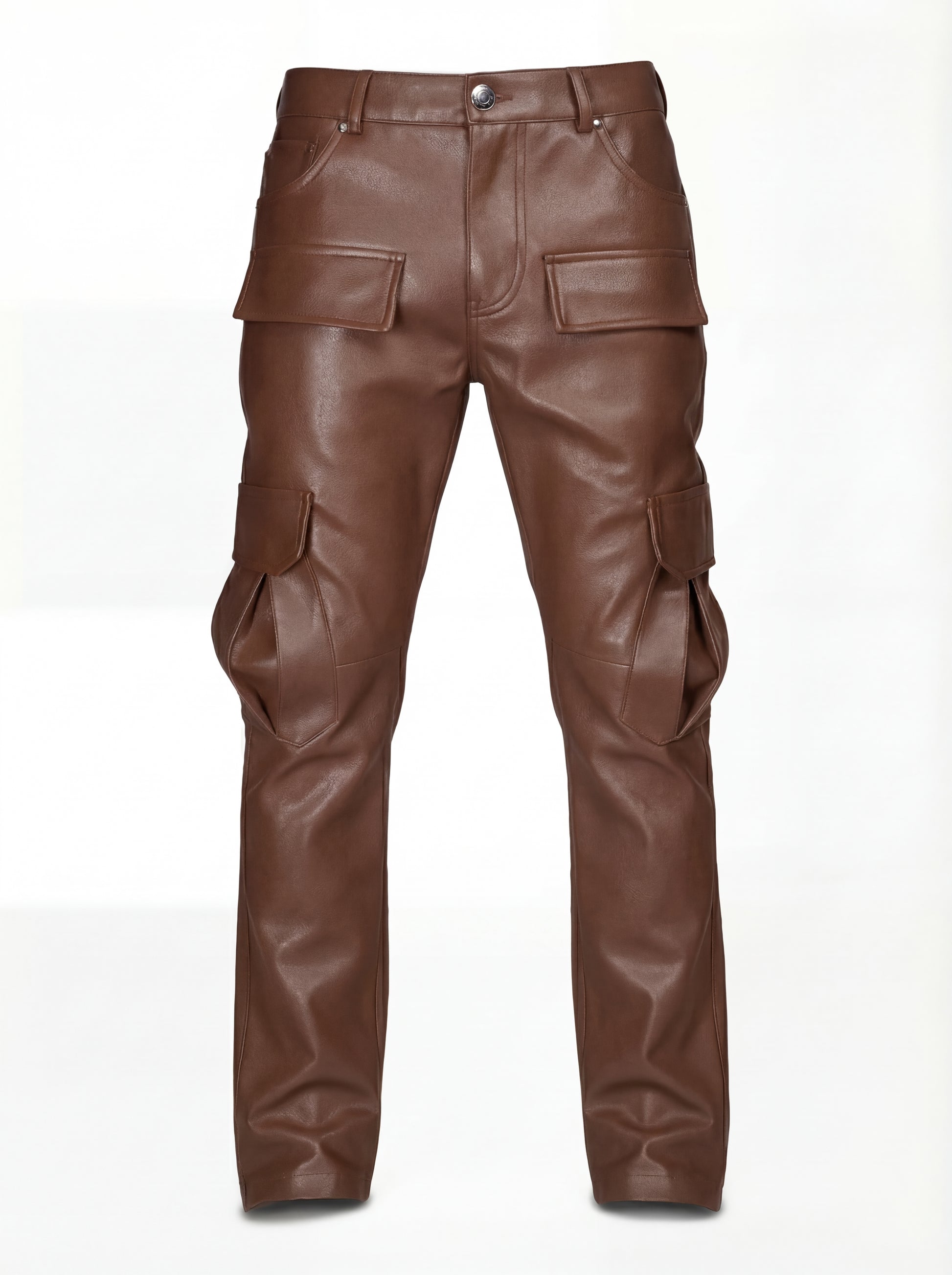 Men's saddle brown leather cargo trousers with dimensional thigh pockets and knee paneling, Front View. The Cassian by Maverick Jacket.