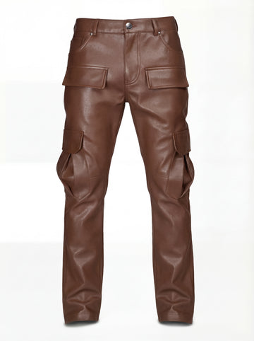 Men's saddle brown leather cargo trousers with dimensional thigh pockets and knee paneling, Front View. The Cassian by Maverick Jacket.