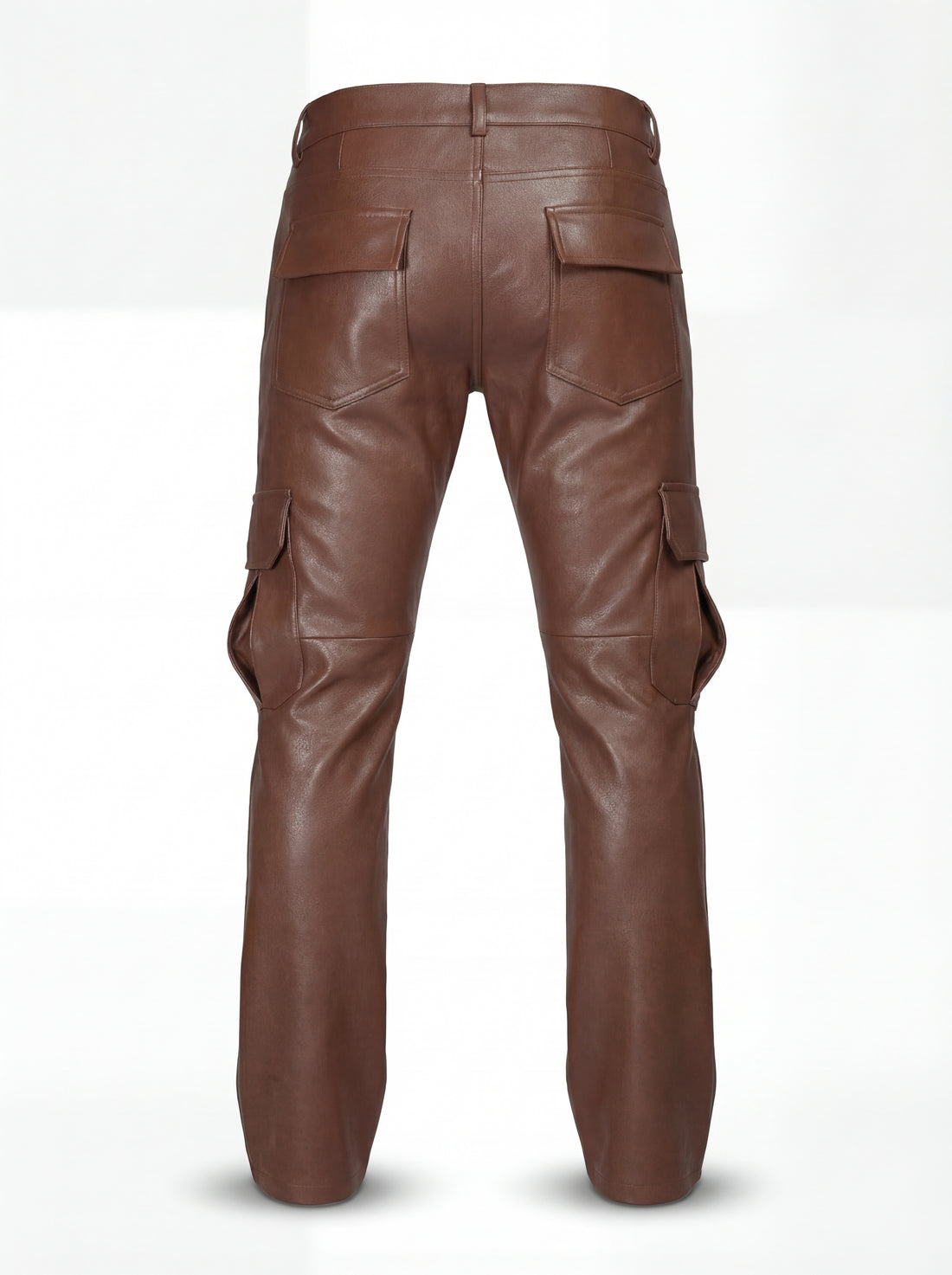 Men's saddle brown leather cargo trousers with dimensional thigh pockets and knee paneling, Front View. The Cassian by Maverick Jacket.