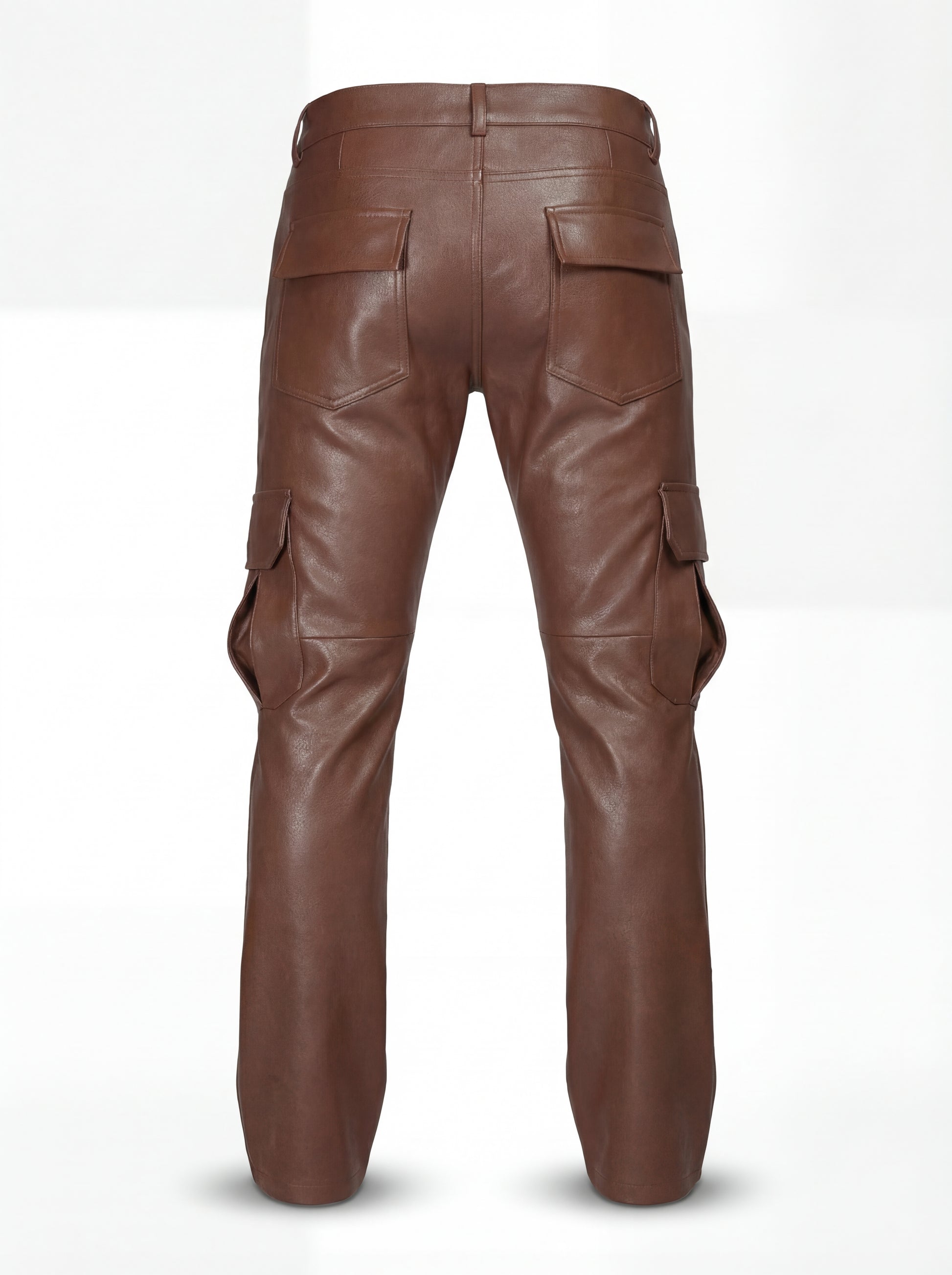 Rear view of saddle brown leather cargo trousers showing rear flap pockets and knee articulation seams. The Cassian by Maverick Jacket.