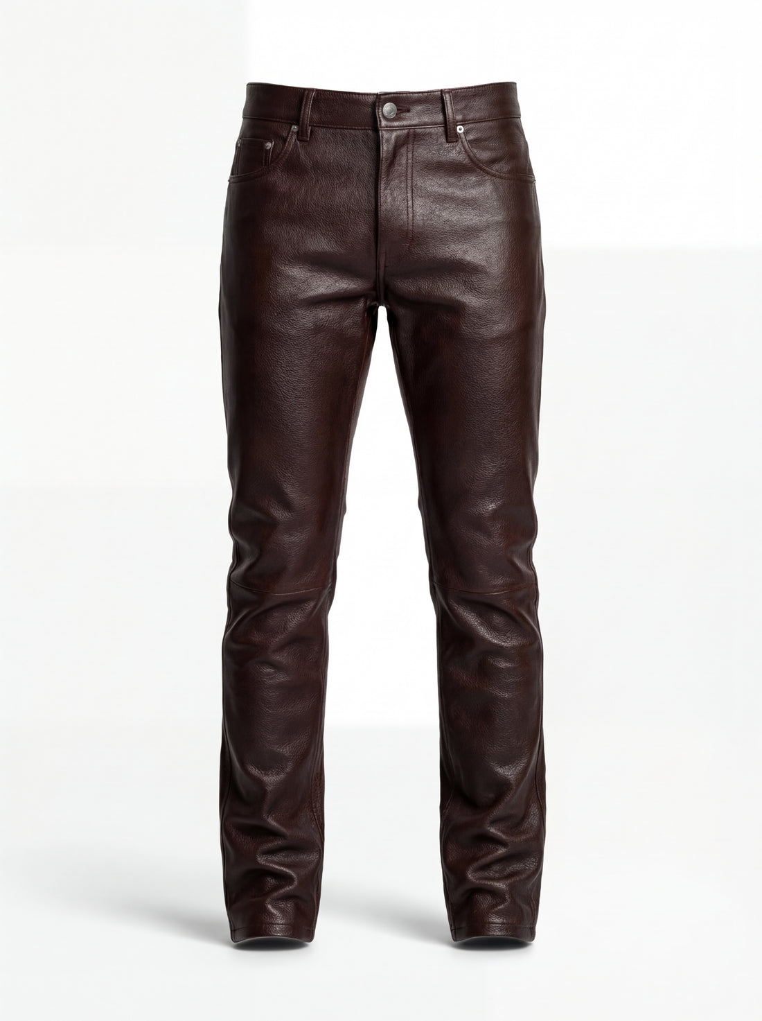 Men's chocolate brown leather trousers with silver hardware and horizontal knee paneling, Front View. The Kade by Maverick Jacket.