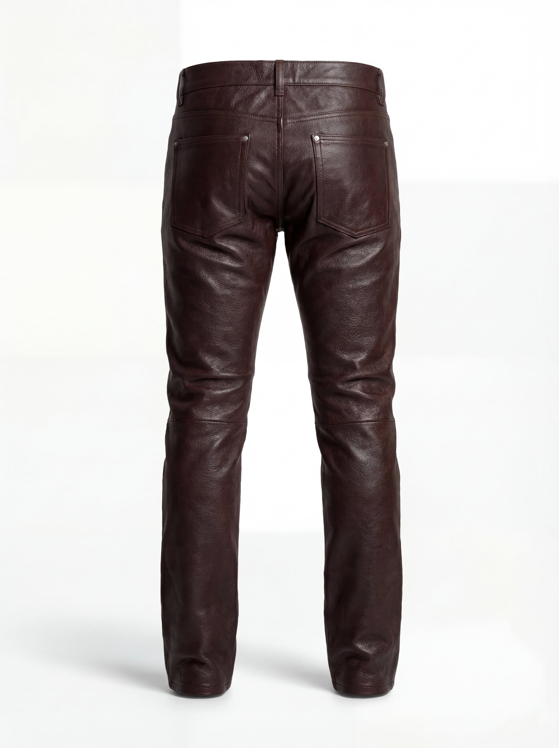 Rear view of chocolate brown leather trousers showing rear yoke stitching and patch pocket placement. The Kade by Maverick Jacket.