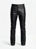 Men's black pebbled leather pant with classic five-pocket styling and horizontal knee seams, Front View. The Caliber by Maverick Jacket.