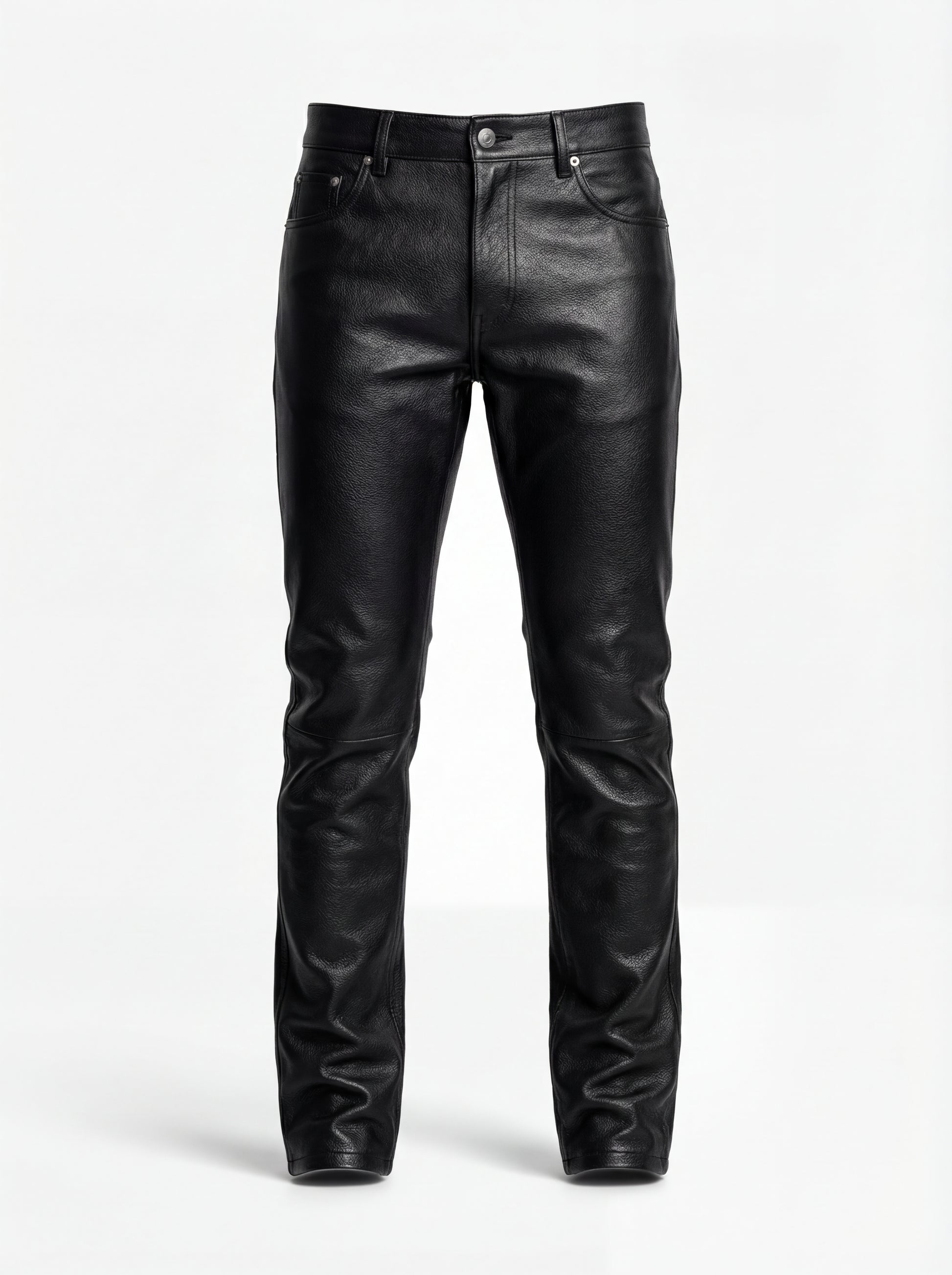 Men's black pebbled leather pant with classic five-pocket styling and horizontal knee seams, Front View. The Caliber by Maverick Jacket.
