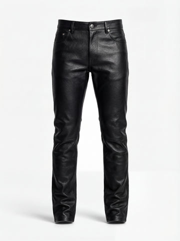 Men's black pebbled leather pant with classic five-pocket styling and horizontal knee seams, Front View. The Caliber by Maverick Jacket.