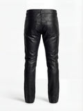 Rear view of black pebbled leather pant showing rear patch pockets and horizontal knee paneling. The Caliber by Maverick Jacket.