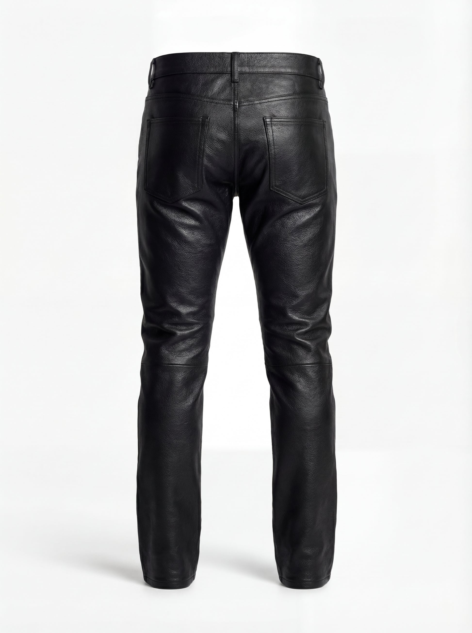 Rear view of black pebbled leather pant showing rear patch pockets and horizontal knee paneling. The Caliber by Maverick Jacket.