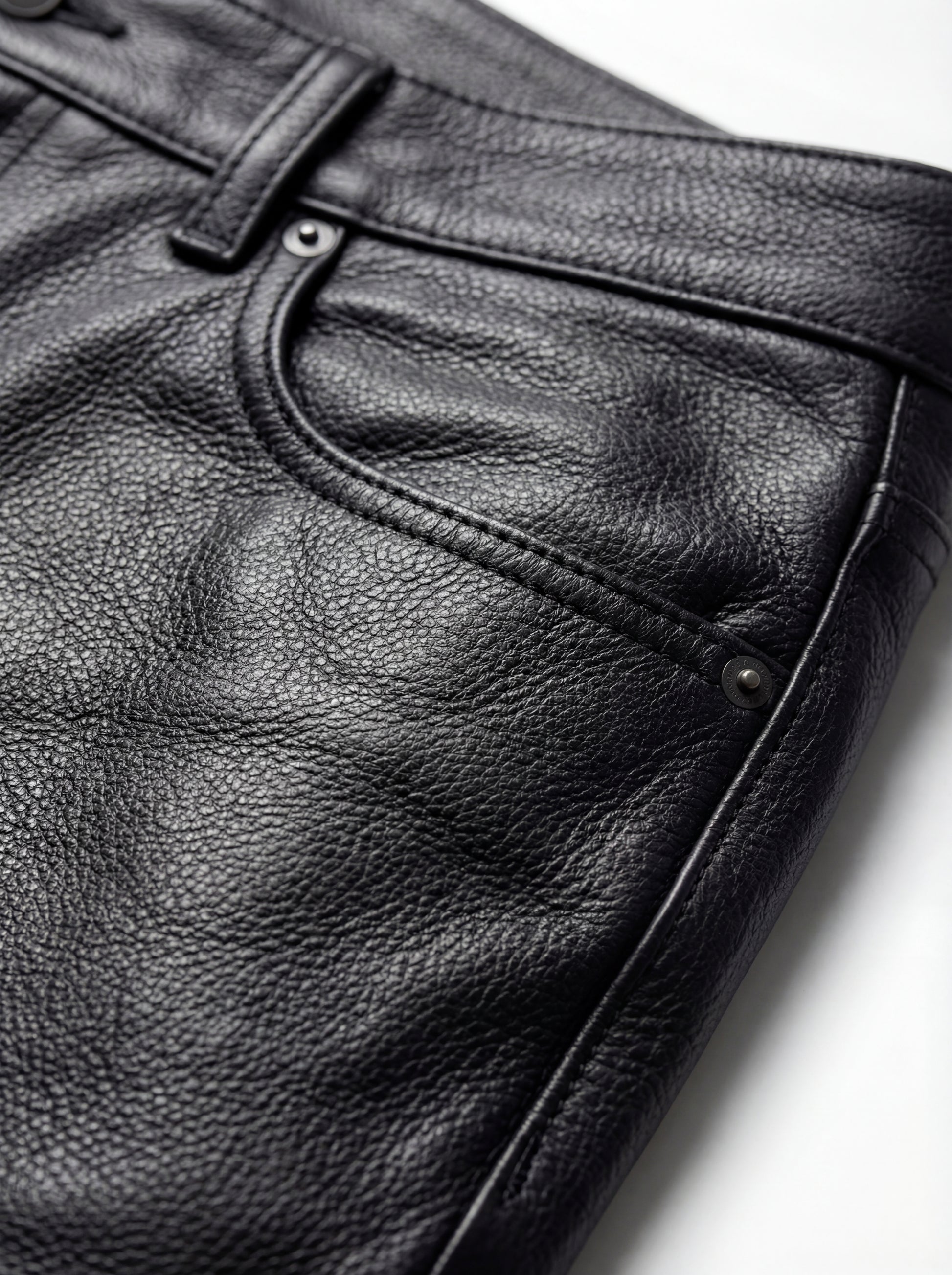 Macro shot of black pebbled leather grain and pocket rivet detail on pant. The Caliber by Maverick Jacket.