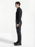 Side profile of Maverick Caliber black leather pant showing knee seam construction and straight leg silhouette. Maverick Jacket.