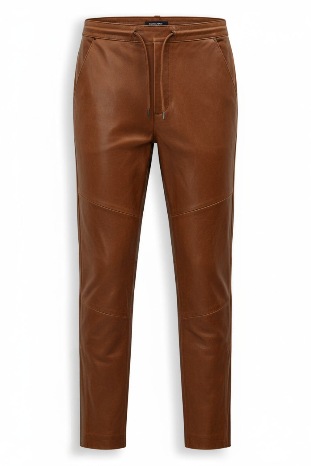 Men's brown leather jogger pants with elasticated drawstring waist and knee panel seams, Front View. The Caelan by Maverick Jacket.