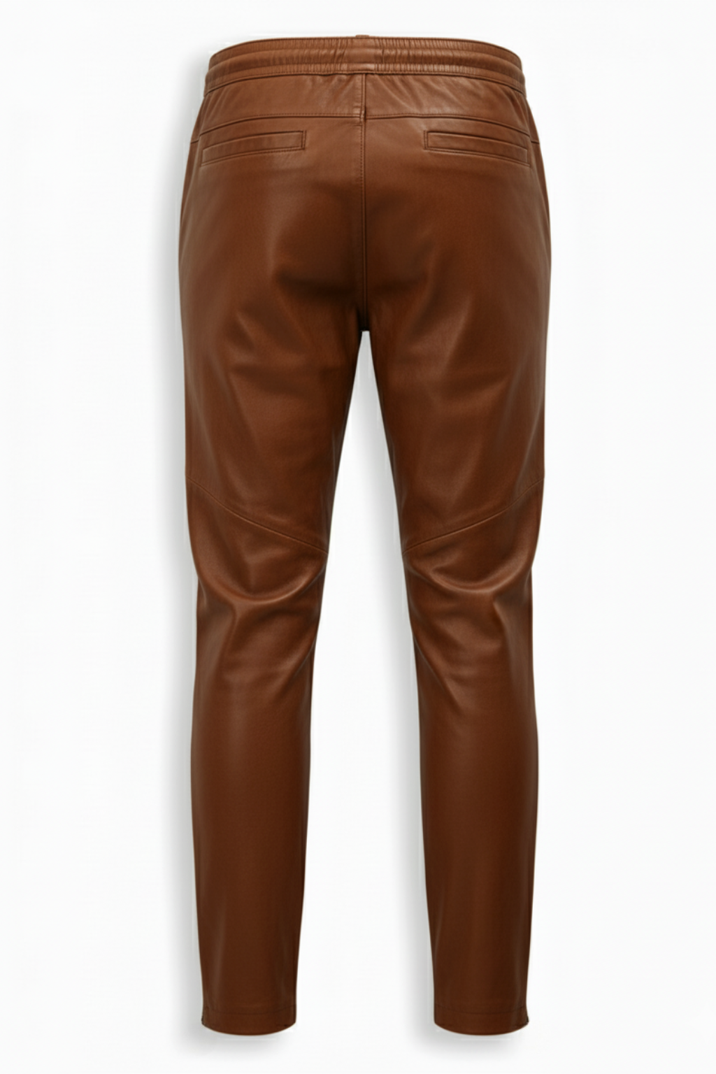 Rear view of brown leather jogger pants showing rear welt pockets and elasticated waistband. The Caelan by Maverick Jacket.