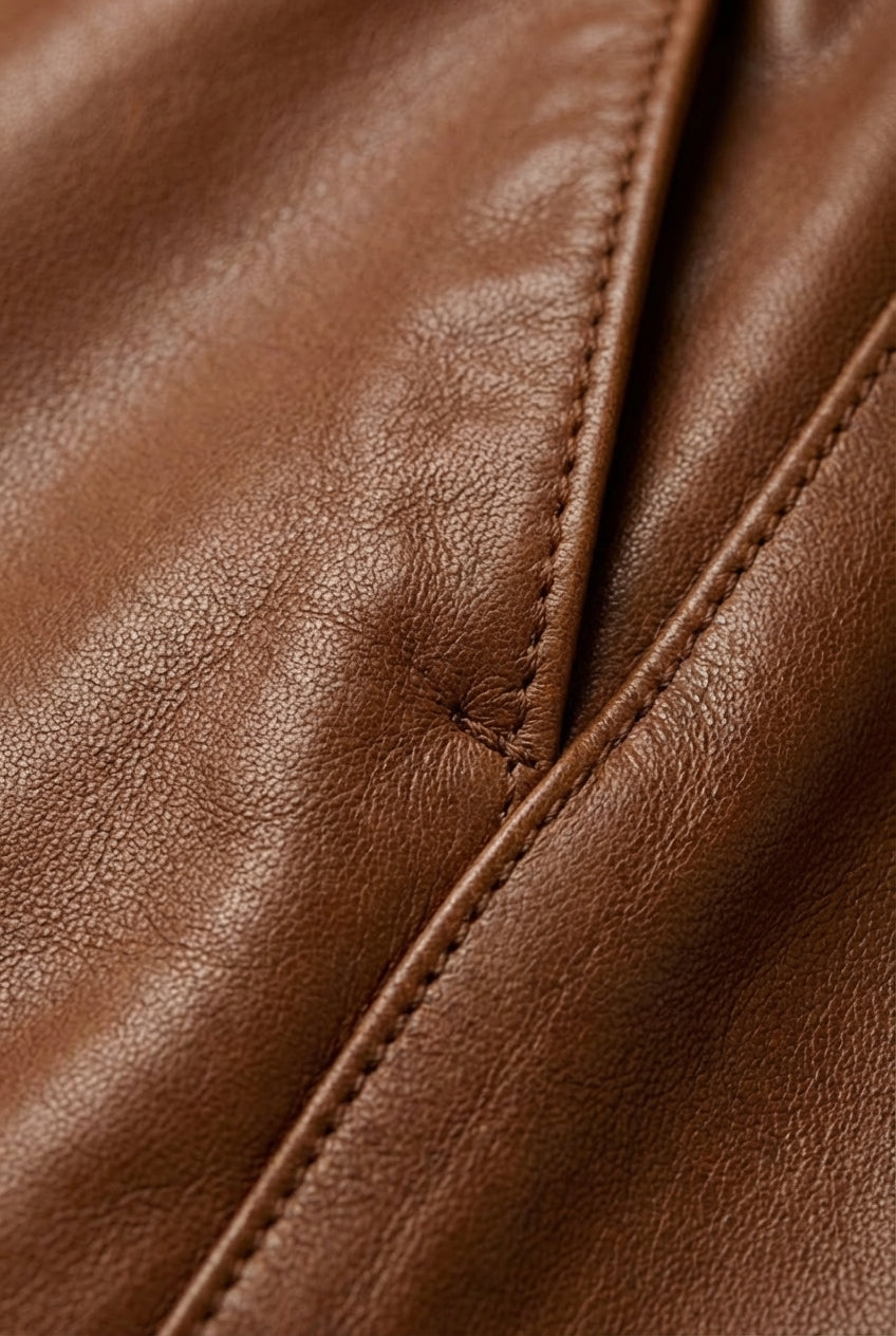 Macro shot of smooth brown leather texture and drawstring waistband detail on jogger pants. Maverick Caelan.