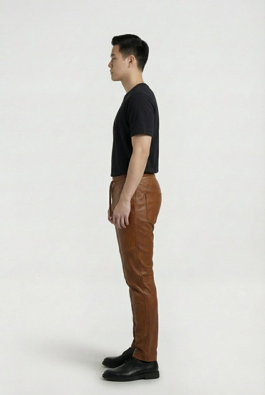 Side profile of Maverick Caelan leather jogger pants showing knee panel seam and tapered leg silhouette. Maverick Jacket.