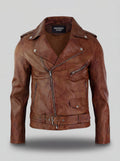 Men's brown leather biker jacket with asymmetrical zipper closure and belted waist, Front View. The Apex by Maverick Jacket.