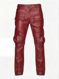Men's red leather cargo pants with dimensional front flap pockets and knee paneling, Front View. The Cassian by Maverick Jacket.