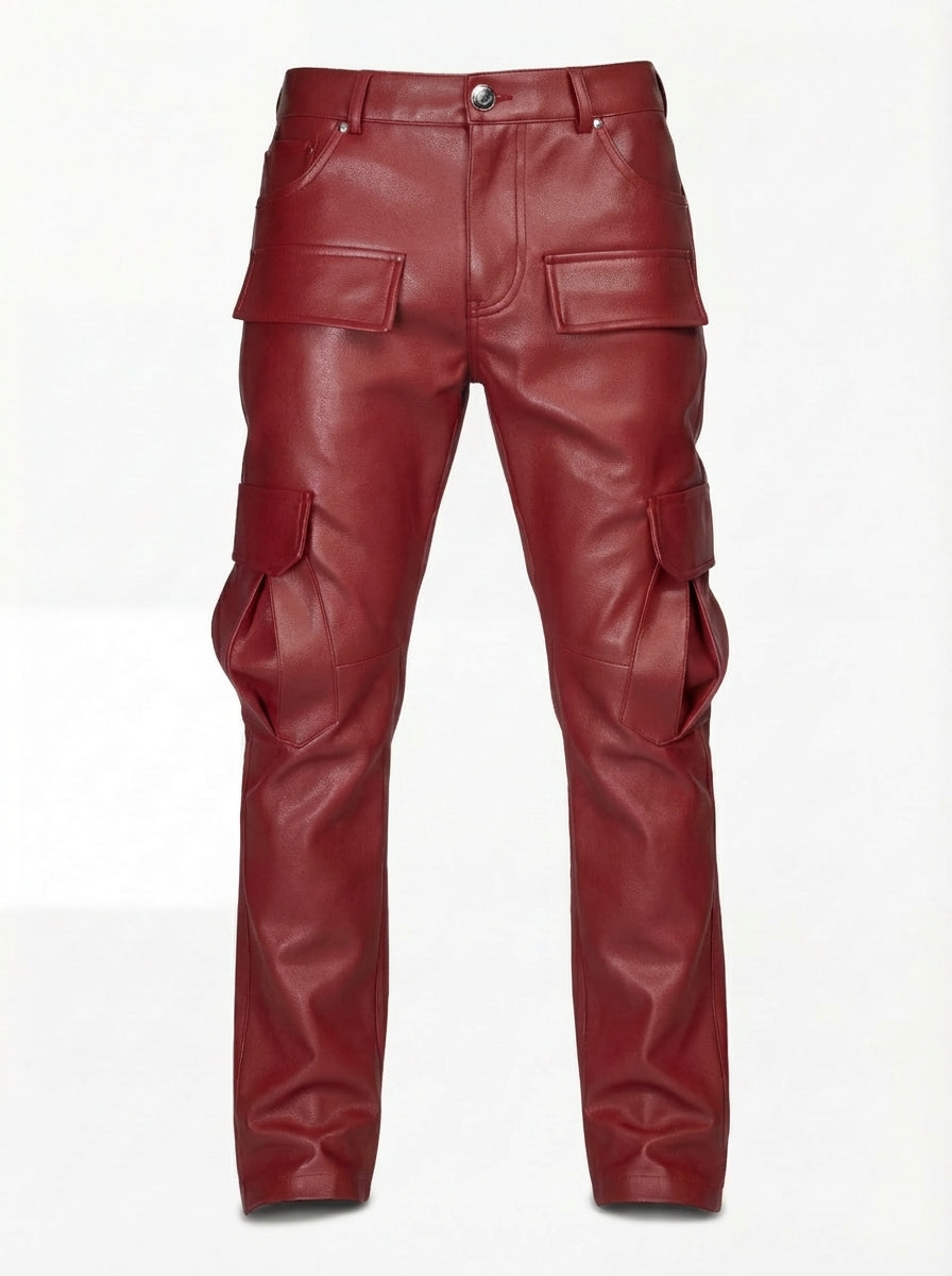 Men's red leather cargo pants with dimensional front flap pockets and knee paneling, Front View. The Cassian by Maverick Jacket.