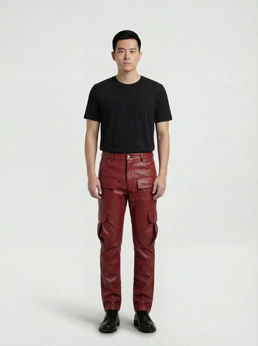 Male model wearing Maverick Cassian leather cargo pants, regular fit, styled with black crewneck t-shirt. Maverick Jacket.