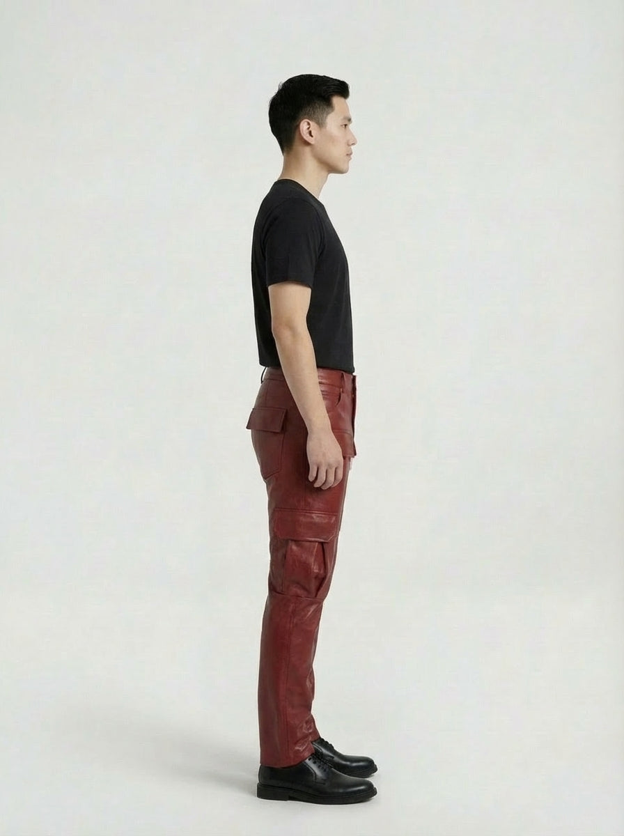 Side profile of Maverick Cassian leather cargo pants showing dimensional cargo pocket placement and straight silhouette. Maverick Jacket.